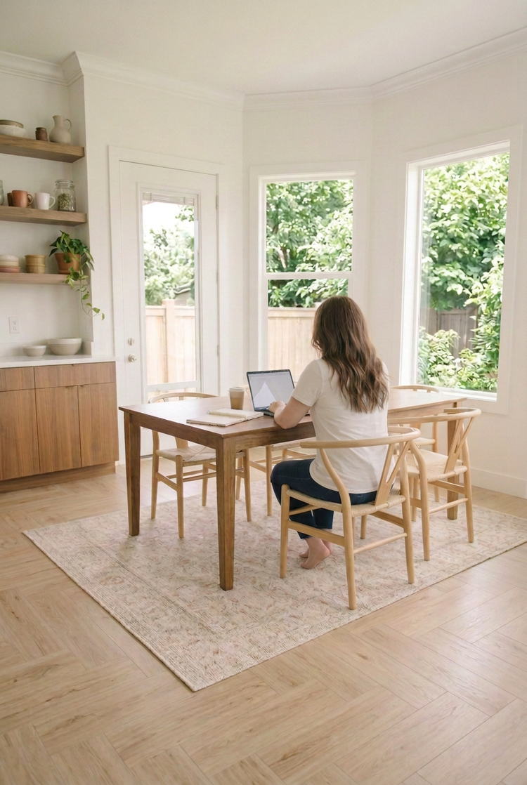 Woman working on her laptop at a kitchen table with leafy trees outside the windows